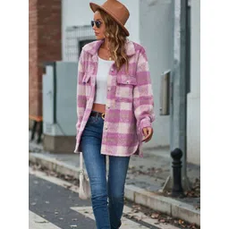 StyleCast Women Purple Checked Longline Tailored Jacket-picture-16