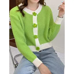 StyleCast Women Ribbed Self Design Applique Long Sleeve Front-Open Sweater-picture-19