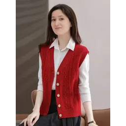 StyleCast Women Self Design Cable Knit V-Neck Sleeveless Cardigan-picture-32