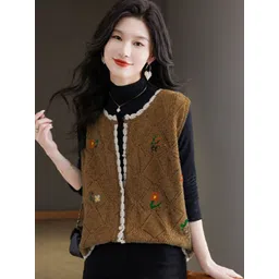 StyleCast Women Self Design Open Knit Round Neck Cashmere Cardigan-picture-10