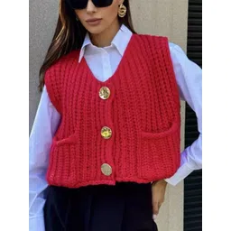 StyleCast Women Self Design Open Knit V-Neck Sleeveless Button Detail Crop Sweater Vest-picture-33