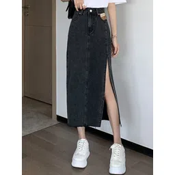 StyleCast Women Solid Denim A-line Slits Midi Skirts-picture-30