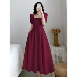 StyleCast Women Solid Puff Sleeve A-Line Midi Dress-picture-31