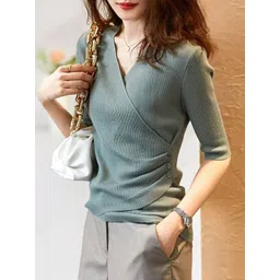StyleCast Women Solid V-Neck Button Detail Pullover-image-25