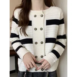 StyleCast Women Striped Round Neck Front-Open Sweaters-picture-36