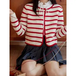 StyleCast Women Striped Round Neck Long Sleeves Cardigan Sweater-picture-31