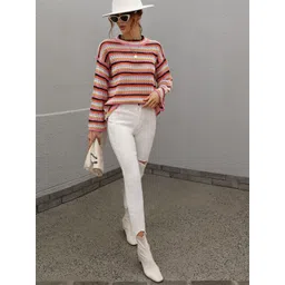 StyleCast Women Striped Self Design Round Neck Long Sleeves Pullover Sweater-picture-11