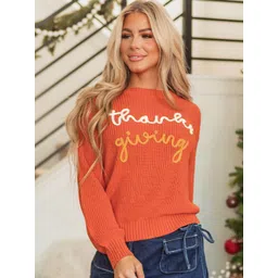 StyleCast Women Typography Printed Round Neck Cable Knit Pullover-picture-34