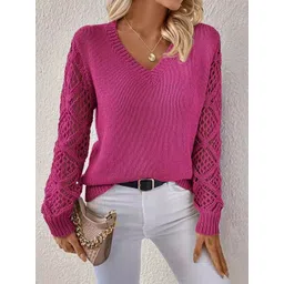 StyleCast Women V-Neck Self Design Cable Knit Pullover Sweaters-picture-16