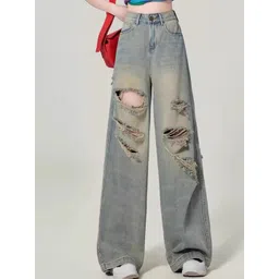 StyleCast Women Wide Leg High-Rise Mildly Distressed Heavy Fade Cotton Stretchable Jeans-picture-14