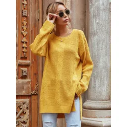 StyleCast Women Yellow Cable Knit Longline Pullover-picture-26