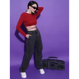 Stylecast X Kotty Maroon Round Neck Long Sleeves Tie-Ups Crop Top-picture-33