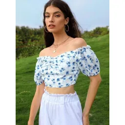 Stylecast X Kotty Women Floral Print Off-Shoulder Puff Sleeve Bardot Crop Top-picture-10