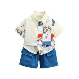 StyleCast x Revolte Boys White & Blue Printed Pure Cotton Shirt with Shorts-picture-36