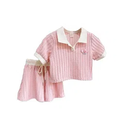 StyleCast x Revolte Girls Pink & White Self Design Polo Collar T-shirt with Shorts-picture-23