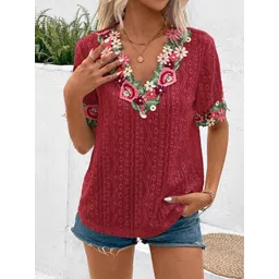 StyleCast x Revolte Maroon Floral Embroidered V Neck Top-picture-20