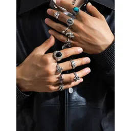 StyleCast x Revolte Men Set Of 11 Silver-Plated Stone-Studded Finger Ring-picture-21