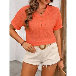 StyleCast x Revolte Orange Self Design V-Neck Extended Sleeves Shirt Style Top-picture-18