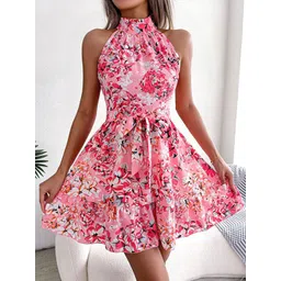 StyleCast x Revolte Pink High Neck Floral Print Fit & Flare Dress-picture-38