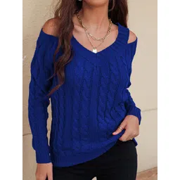 StyleCast x Revolte Women Self Design Cable Knit V-Neck Pullover-picture-12