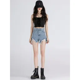 StyleCast x Revolte Women Slim Fit High-Rise Distressed Cotton Denim Shorts-picture-10