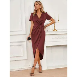 StyleCast x Revolte Women Solid V Neck Satin Wrap Midi Dress-picture-15