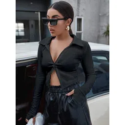 Stylecast X Slyck Black Shirt Collar Fitted Crop Top-picture-38