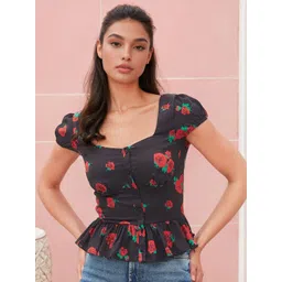 Stylecast X Slyck Floral Print Sweetheart Neck Puff Sleeve Peplum Crop Top-picture-30