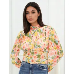 Stylecast X Slyck Floral Printed High Neck Puff Sleeves Crop Top-picture-21