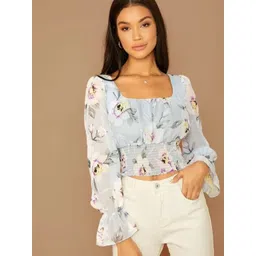 Stylecast X Slyck Floral Printed Square Neck Smocked Bell Sleeves Crop Top-picture-15