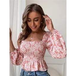 Stylecast X Slyck Floral Printed Square Neck Smocked Peplum Crop Top-picture-38