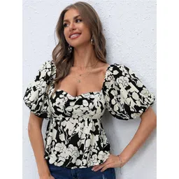 Stylecast X Slyck Floral Printed Sweetheart Neck Puff Sleeve Pleated Bardot Top-picture-27