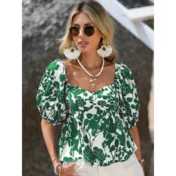 Stylecast X Slyck Floral Printed Sweetheart Neck Puff Sleeves Crop A-Line Top-picture-25