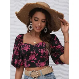 Stylecast X Slyck Floral Printed Sweetheart Neck Puff Sleeves Cropped Top-picture-23