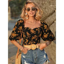 Stylecast X Slyck Floral Printed Sweetheart Neck Puff Sleeves Top-picture-19