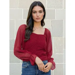 Stylecast X Slyck Self Design Pattern Square Neck Regular Sleeves Crop Top-picture-10