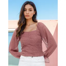 Stylecast X Slyck Self Design Pattern Square Neck Regular Sleeves Crop Top-picture-31