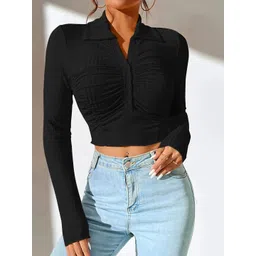 Stylecast X Slyck Self Design Shirt Collar Shirt Style Crop Top-picture-32