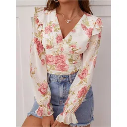 Stylecast X Slyck Women Floral Printed V-Neck Ruffles Fitted Crop Top-picture-36