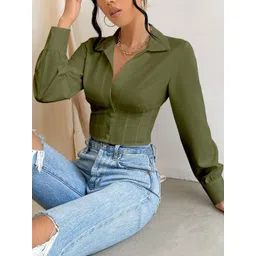 Stylecast X Slyck Women Shirt Collar Cuffed Sleeves Cotton Styled Back Crop Top-picture-33