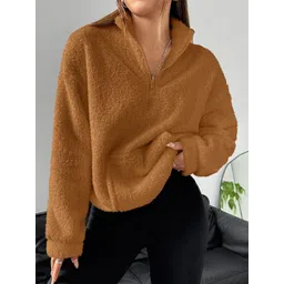 Stylecast X Slyck Women Solid Half Zip High Neck Fur Sweatshirt-picture-17