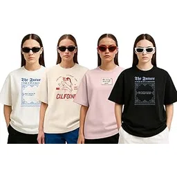 stylense Cotton Blend Oversized Baggy Fit Half Sleeve Printed Round Neck Multicolor Drop Shoulder T-Shirt for Womens & Girls (Pack of 4)-picture-19