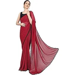 stylescope Women's Zomato Silk Plain Pom Pom Lace Bordered Saree With Satin Banglori/Art Silk Unstitched Blouse Piece.(Red,Black)-picture-34