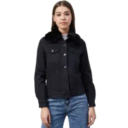 StyleStone Black Denim Jacket With Detachable Fur Collar-picture-12