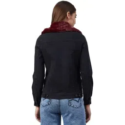 StyleStone Black Denim Jacket With Detachable Fur Collar image 2