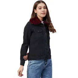 StyleStone Black Denim Jacket With Detachable Fur Collar image 3
