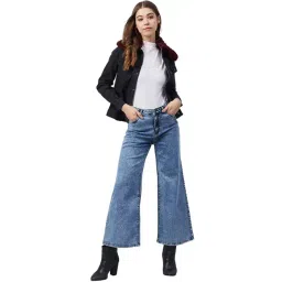 StyleStone Black Denim Jacket With Detachable Fur Collar image 4