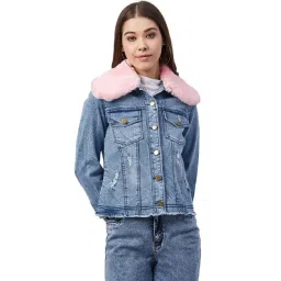 StyleStone Blue Denim Jacket With Detachable Fur Collar-picture-21