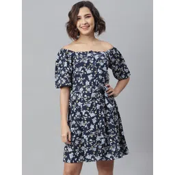 StyleStone Blue Floral Off-Shoulder Crepe A-Line Dress-picture-10