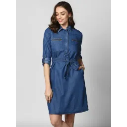 StyleStone Blue Shirt Collar A Line Dress-picture-34
